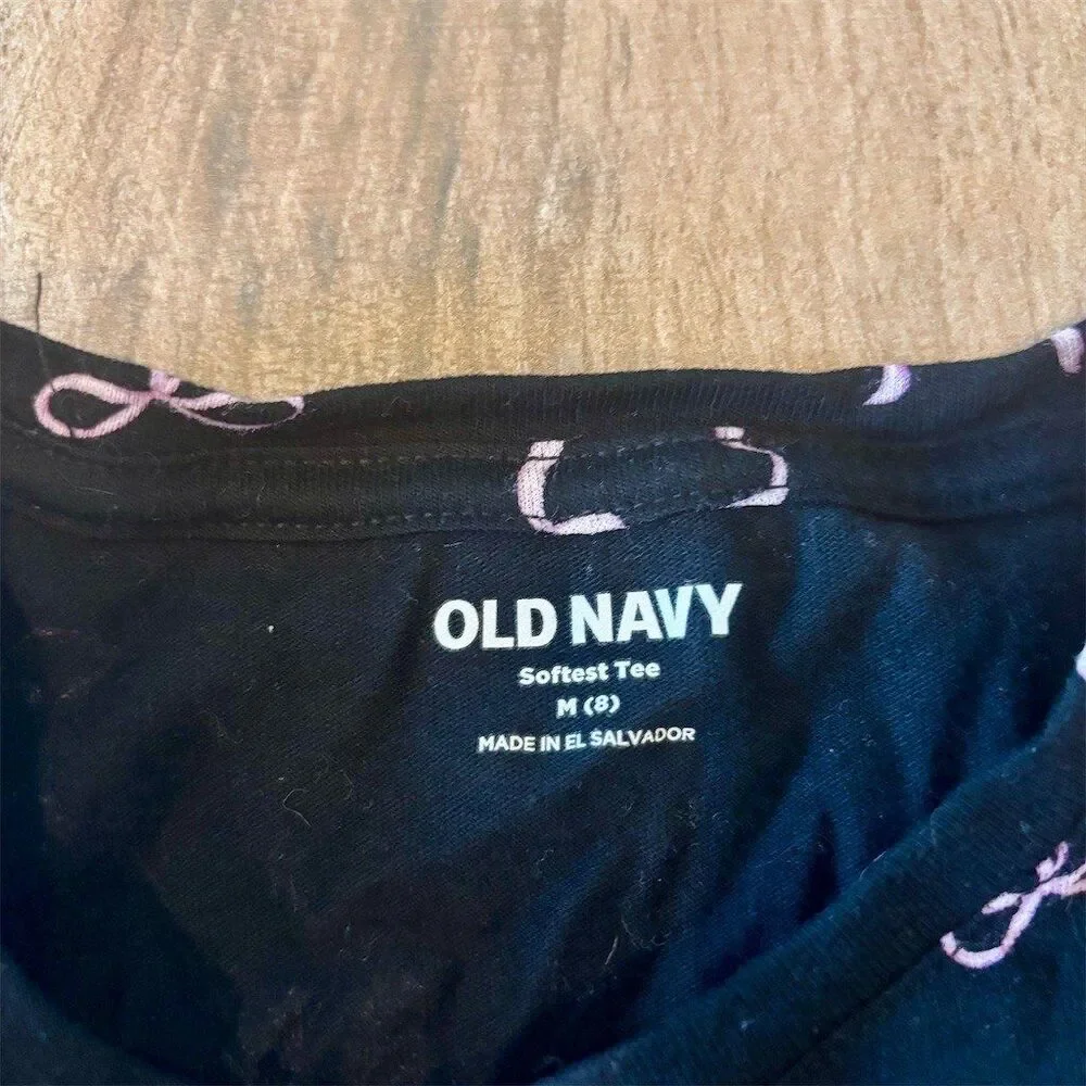 Old Navy Girls Long Sleeve Crew Neck T-Shirt Black Pink Bow Print Size M 8